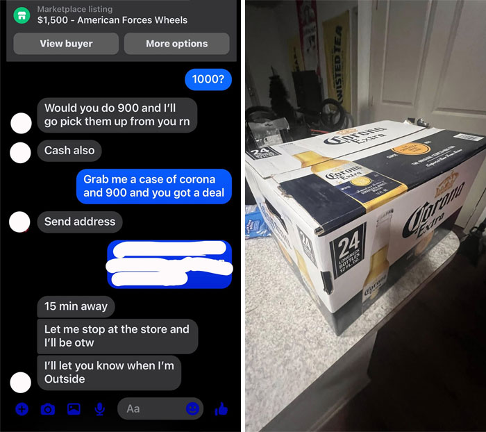 Facebook Marketplace negotiation involving American Forces Wheels and a case of Corona beer as part of the deal.