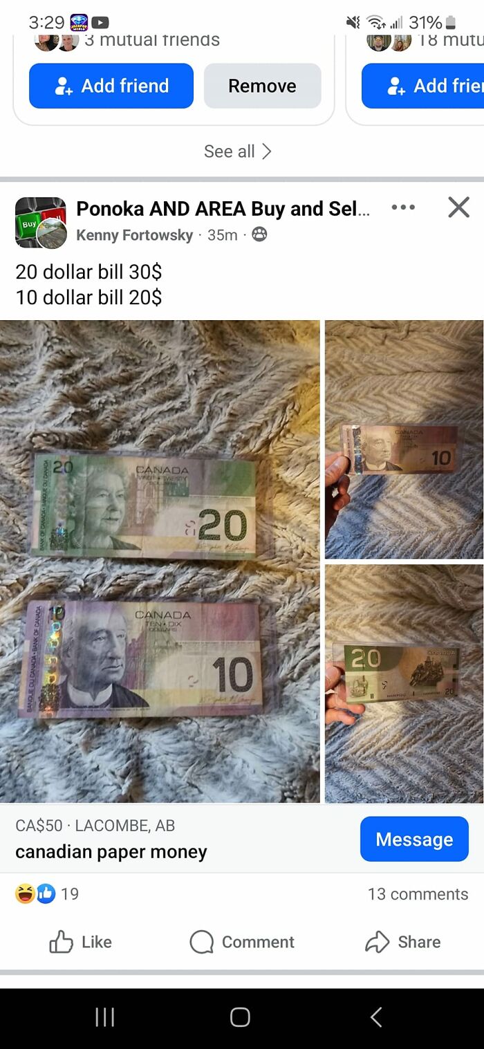 Canadian paper money listing with incorrect pricing on Facebook Marketplace post.