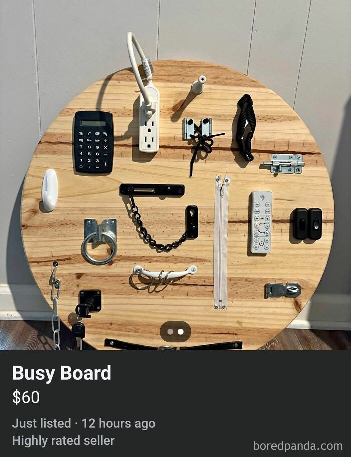 Unique busy board for sale on Facebook Marketplace with various tools attached.