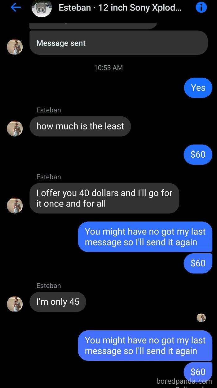 Chat negotiation on Facebook Marketplace with humorous persistence over a $60 Sony Xplod offer.