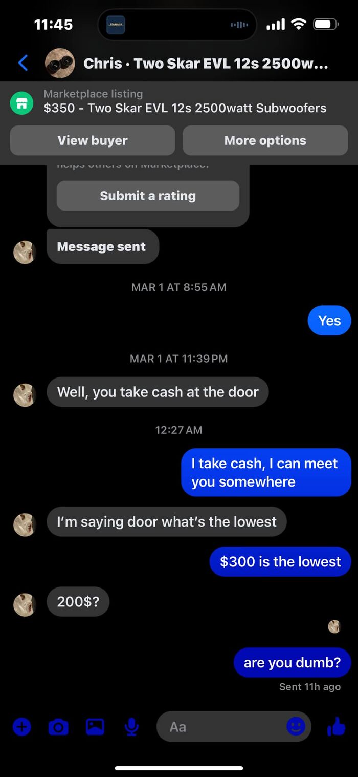 Chat conversation showing a negotiation for Skar subwoofers on Facebook Marketplace, illustrating bad decision-making.