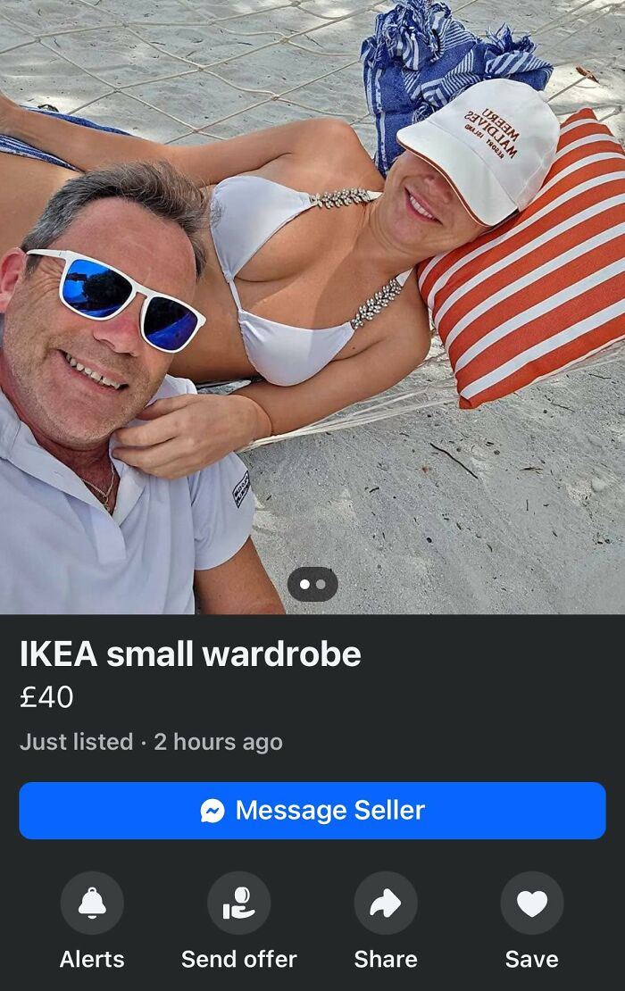Couple in swimsuits on sand, mislabeled as "IKEA small wardrobe" on Facebook Marketplace.