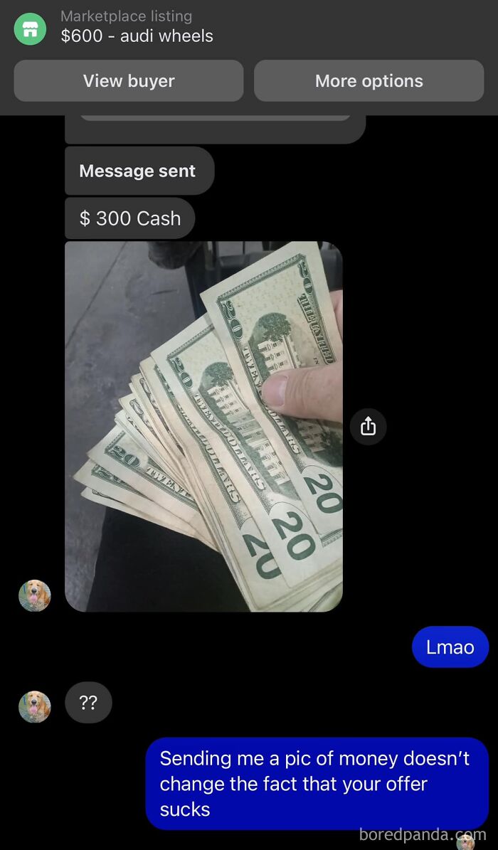 Facebook Marketplace negotiation fails with cash photo for Audi wheels offer.