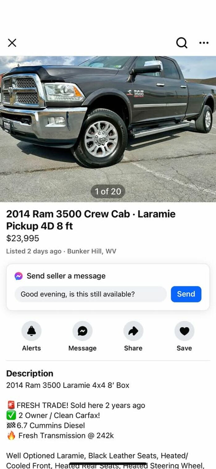 "2014 Ram 3500 Laramie pickup truck listed on Facebook Marketplace."