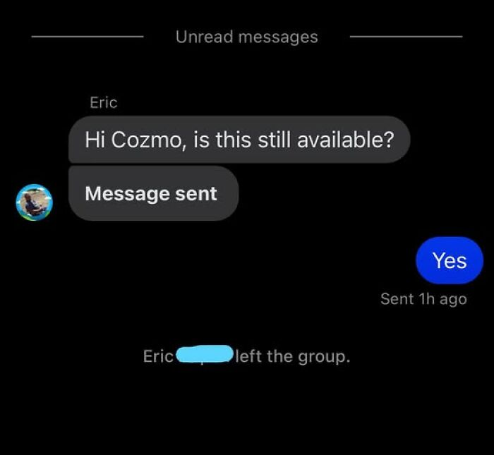 Facebook Marketplace message shows user asking availability, then leaving the group abruptly after the response.