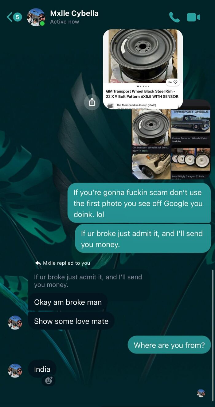 Confused Facebook Marketplace chat showing a wheel rim and scam accusation.