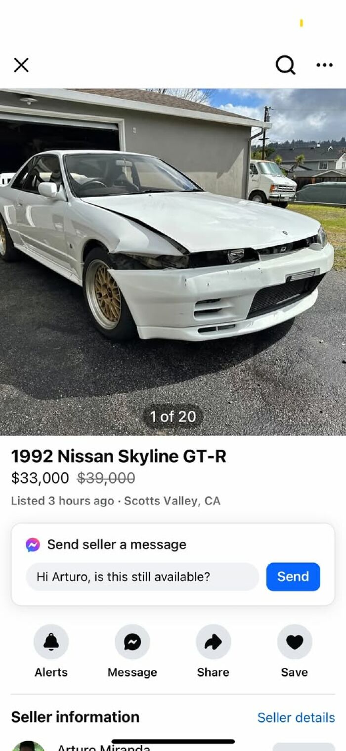 Damaged 1992 Nissan Skyline GT-R listed on Facebook Marketplace in Scotts Valley, CA.