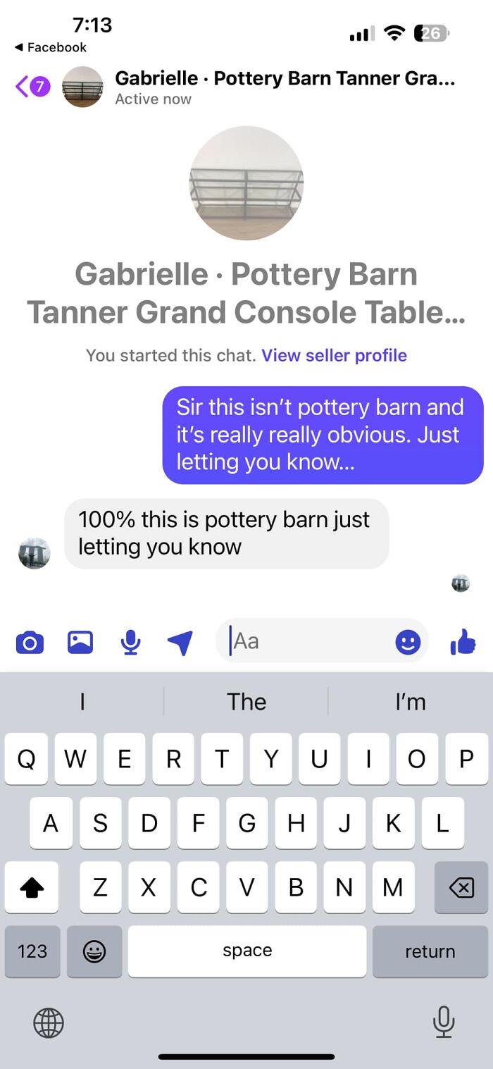 Chat exchange showing a disagreement about a Pottery Barn item on Facebook Marketplace.