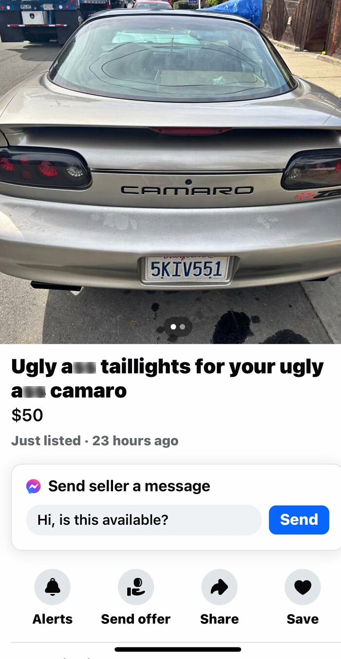 Camaro rear view with taillights for sale on Facebook Marketplace.