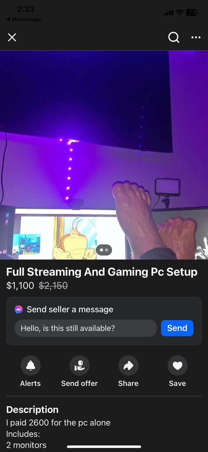 Facebook Marketplace post with feet on gaming PC setup, discounted price shown.