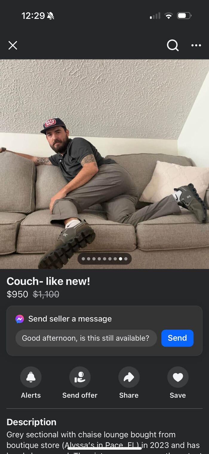 Man posing on a couch in a Facebook Marketplace post.