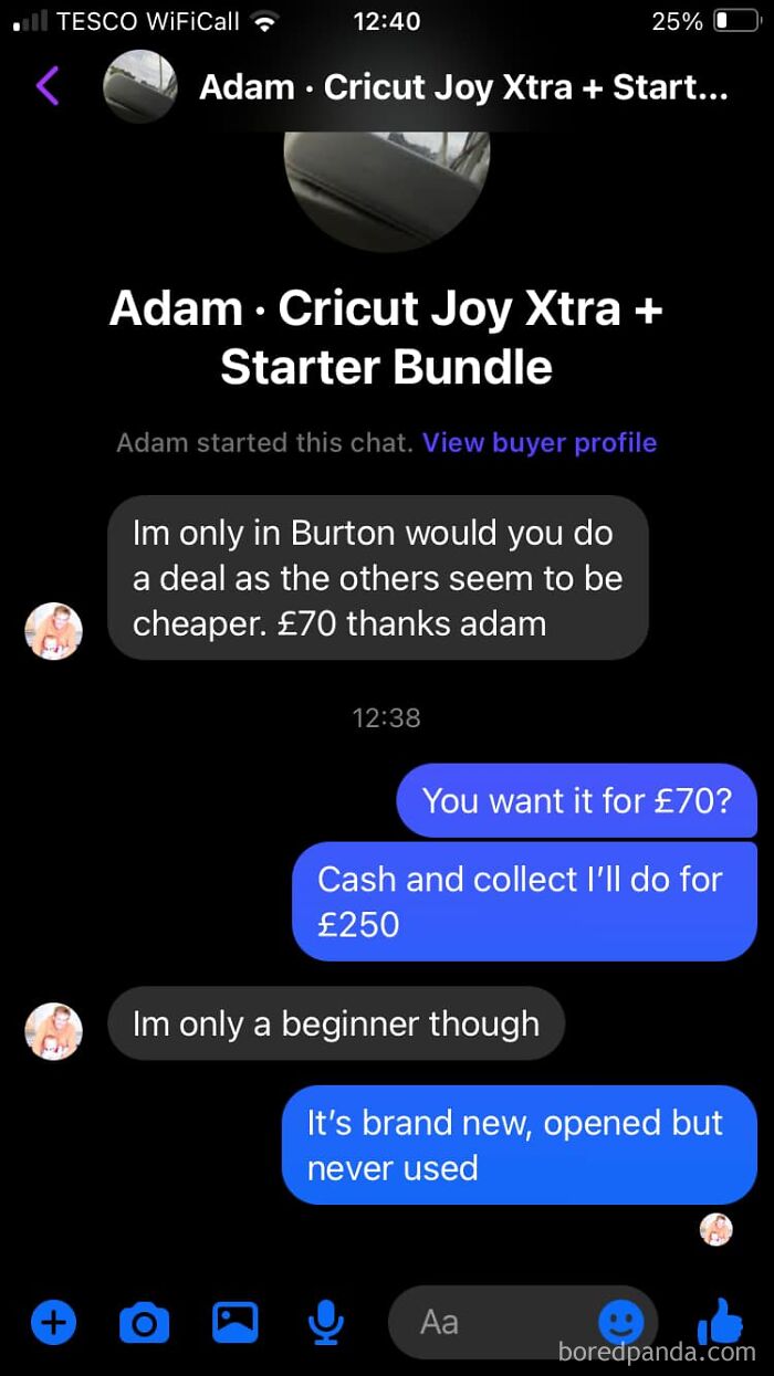 Facebook Marketplace chat exchange about Cricut Joy Xtra starter bundle, discussing price negotiation.