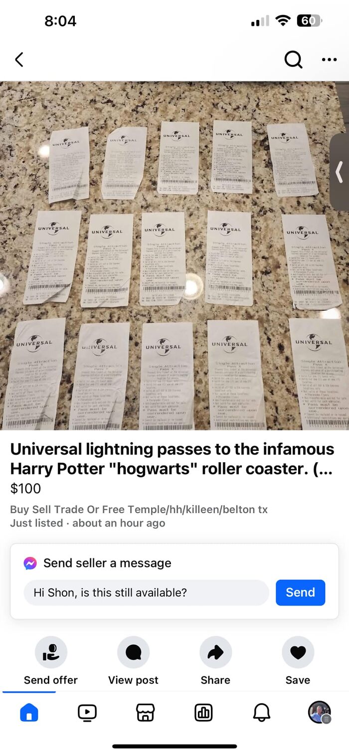 Universal tickets for Hogwarts coaster on sale via Facebook Marketplace.