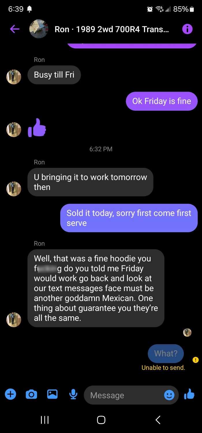 Conversation showing a bad decision on Facebook Marketplace, involving a sale misunderstanding and confrontational language.