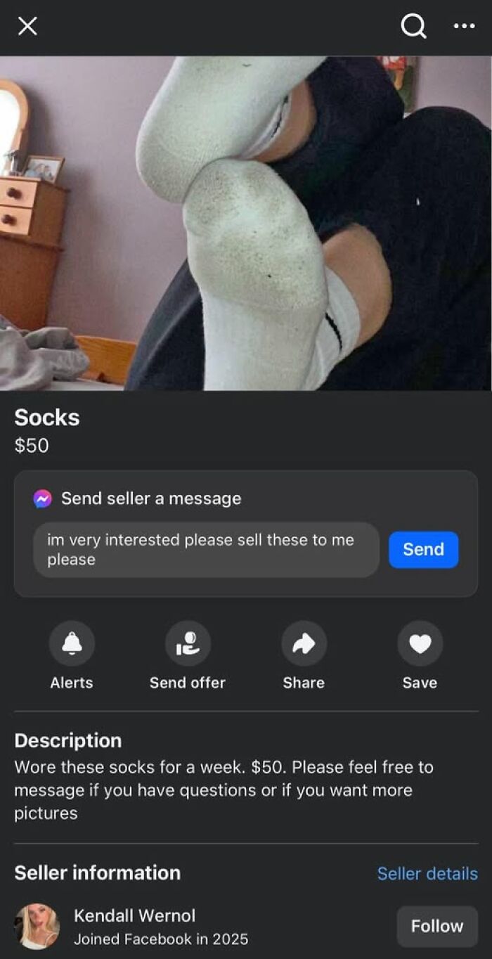 Worn socks listed for $50 on Facebook Marketplace; seller offers more pictures upon request.