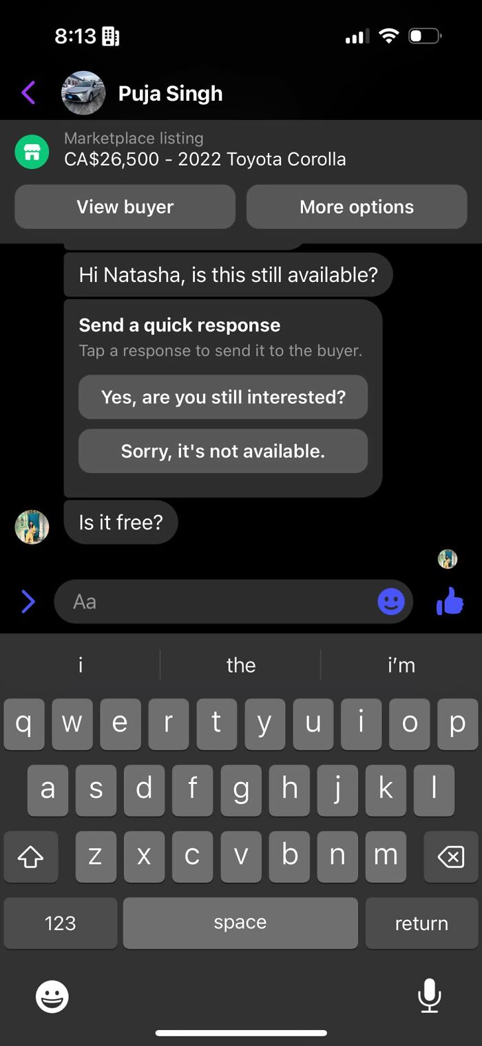 Facebook Marketplace chat about a 2022 Toyota Corolla listing priced at CA$26,500, with a question asking if it's free.