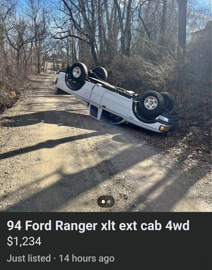 Overturned Ford Ranger on dirt road in a Facebook Marketplace post.