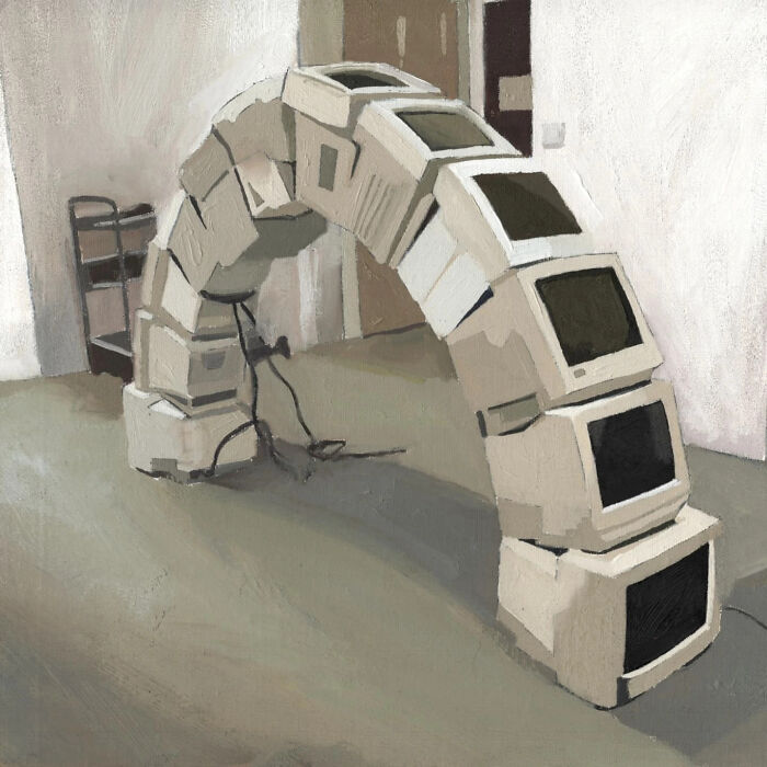 Archway made of vintage computer monitors, inspired by memes and popular culture. Digital art by Daniel Arthur.