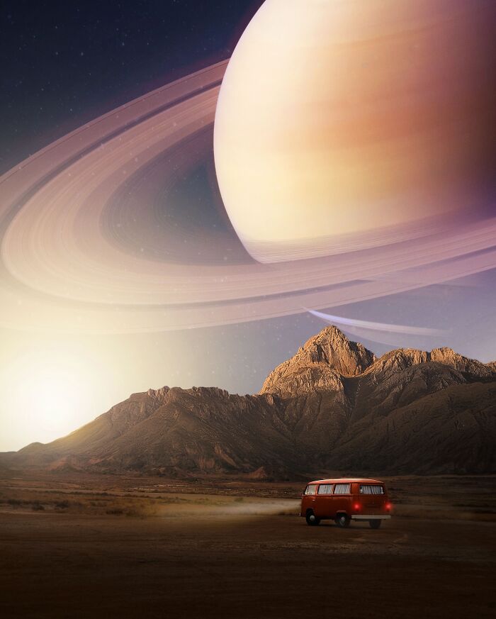 A red van beneath Saturn in a surreal digital artwork blending fantasy and reality.