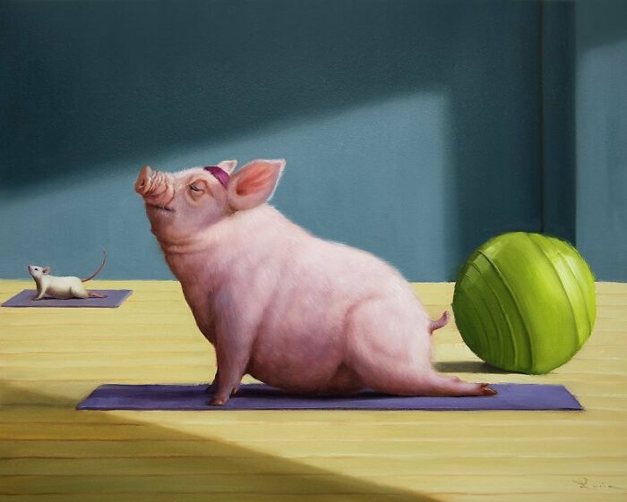 A humorous animal painting by Lucia Heffernan featuring a pig doing yoga next to a mouse and exercise ball.