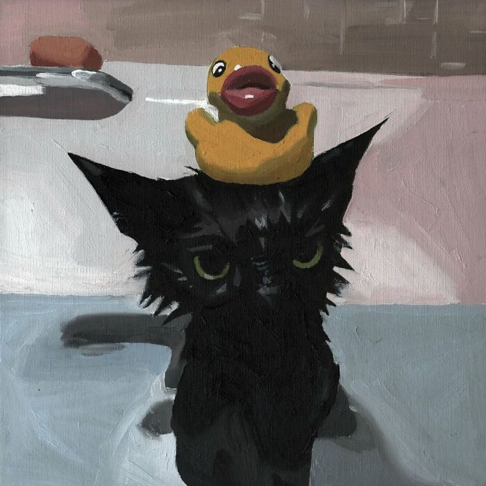 Painting by Daniel Arthur of a black cat with a rubber duck on its head, inspired by memes and popular culture.