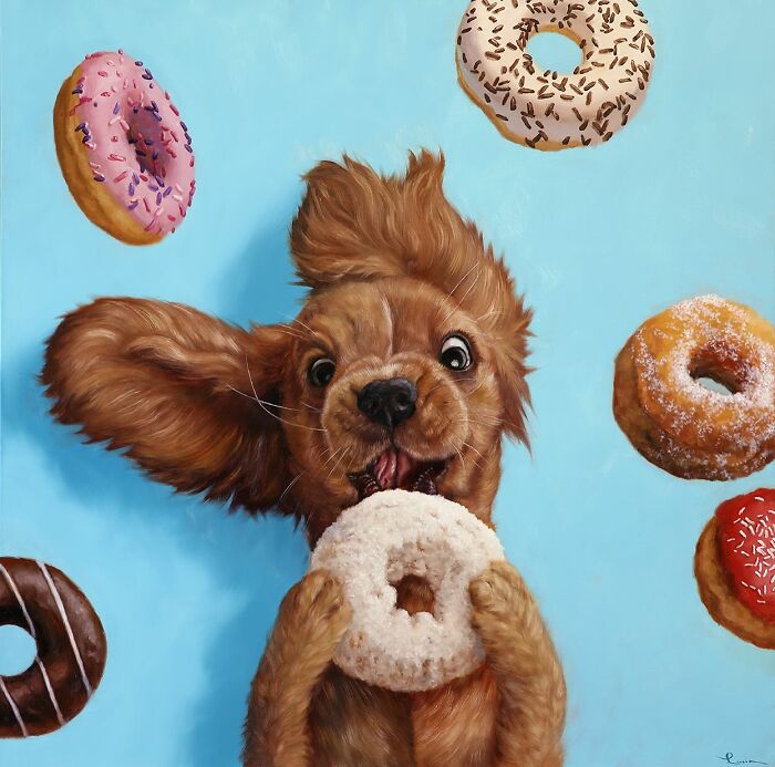 A funny animal painting of a dog holding a donut, surrounded by more donuts, set against a blue background.
