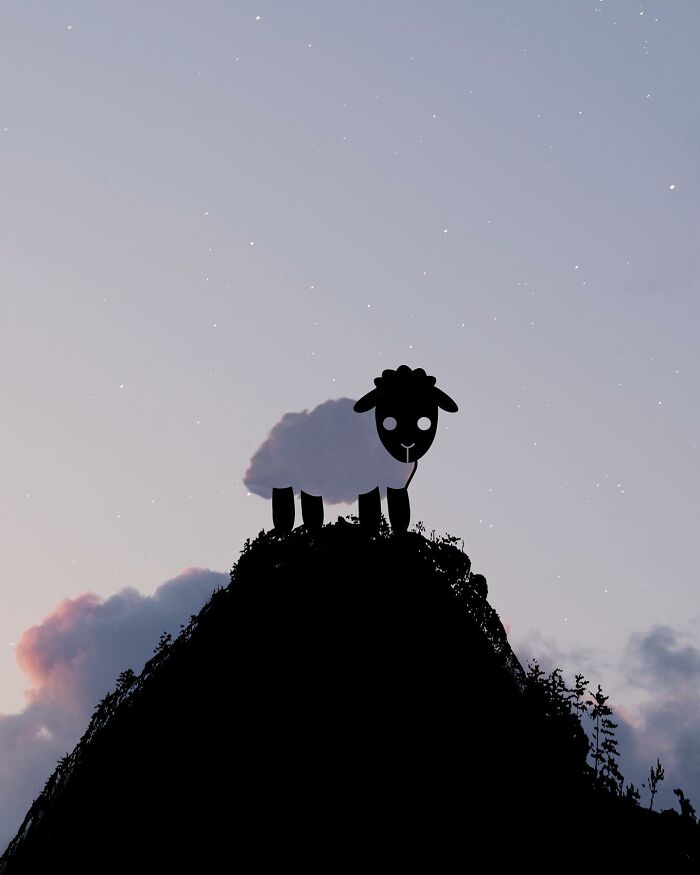 Silhouette photography of a sheep shape on a hill with a cloud backdrop, by Lân Nguyen.