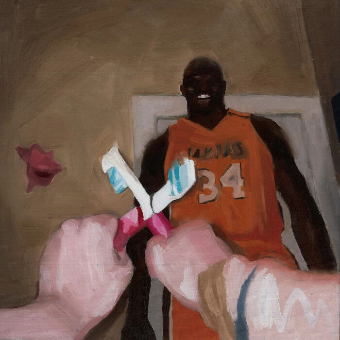 Painting by Daniel Arthur depicting a humorous scene inspired by memes and popular culture, with toothbrushes and a jersey.