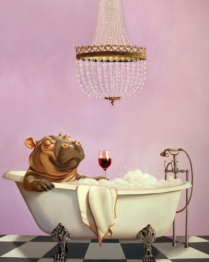 Charming animal painting of a hippo relaxing in a bubble bath with a glass of wine under a chandelier.