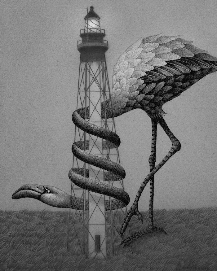 A bird with intertwined neck spirals around a lighthouse, blending ocean and nature-inspired illustration elements.