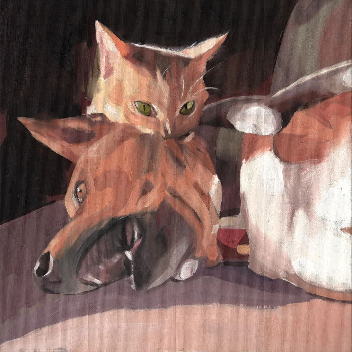 Painting of a cat resting on a dog's head, inspired by memes and popular culture.