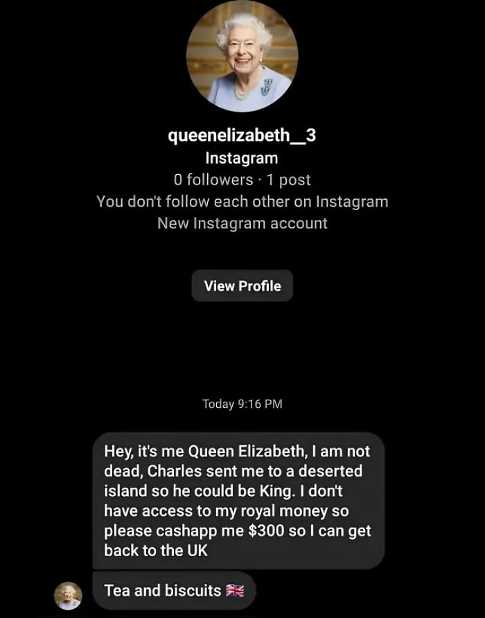 Fake Instagram profile screenshot with a humorous message pretending to be from a famous person.