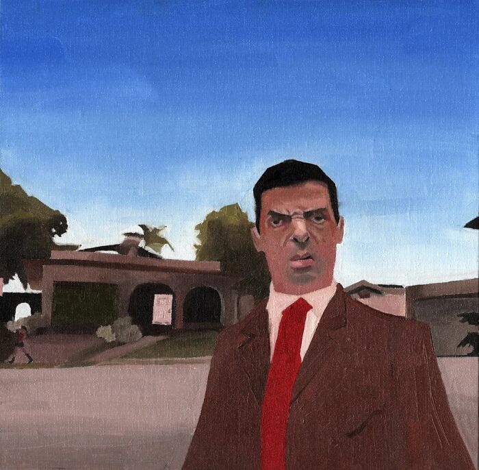 Painting by Daniel Arthur depicting a serious man in a suit, inspired by memes and popular culture.