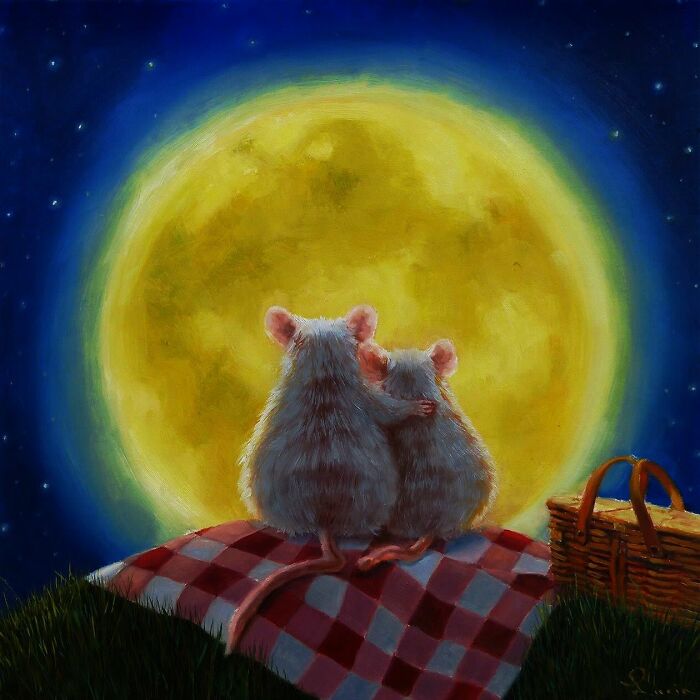 Two mice cuddling on a picnic blanket under a full moon, in a charming animal painting by Lucia Heffernan.