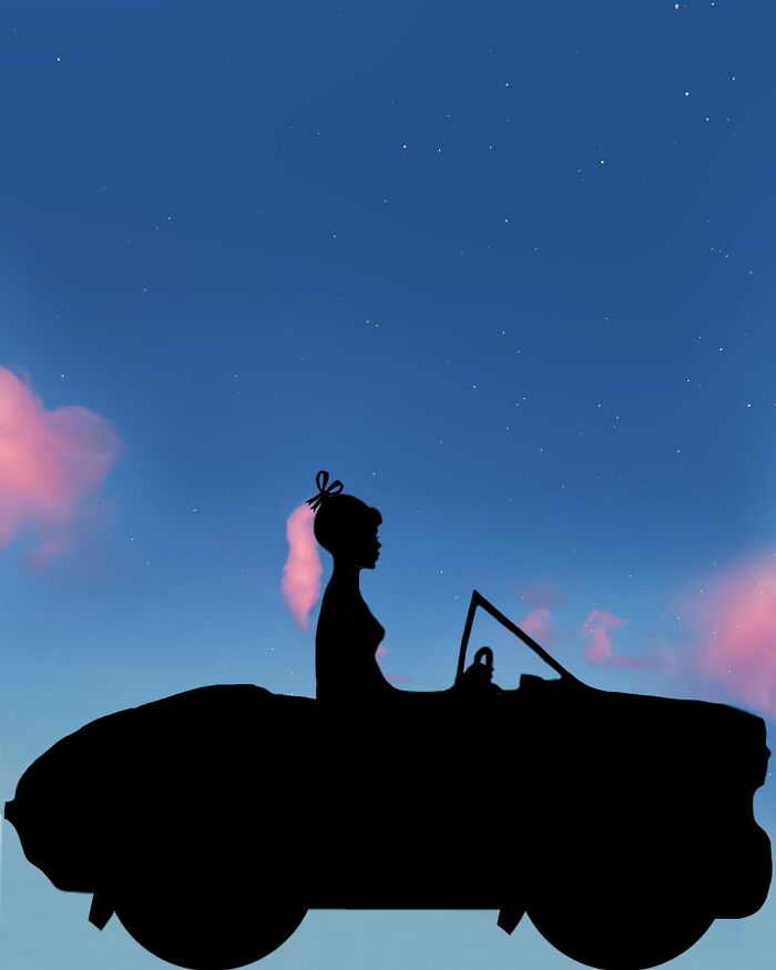 Silhouette of a woman in a car against a starry, serene sky, capturing the essence of silhouette photography.