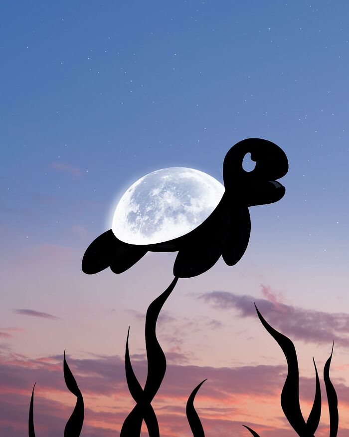Silhouette of a turtle against a moonlit sky, with plants at dusk; a creative photography piece by Lân Nguyen.