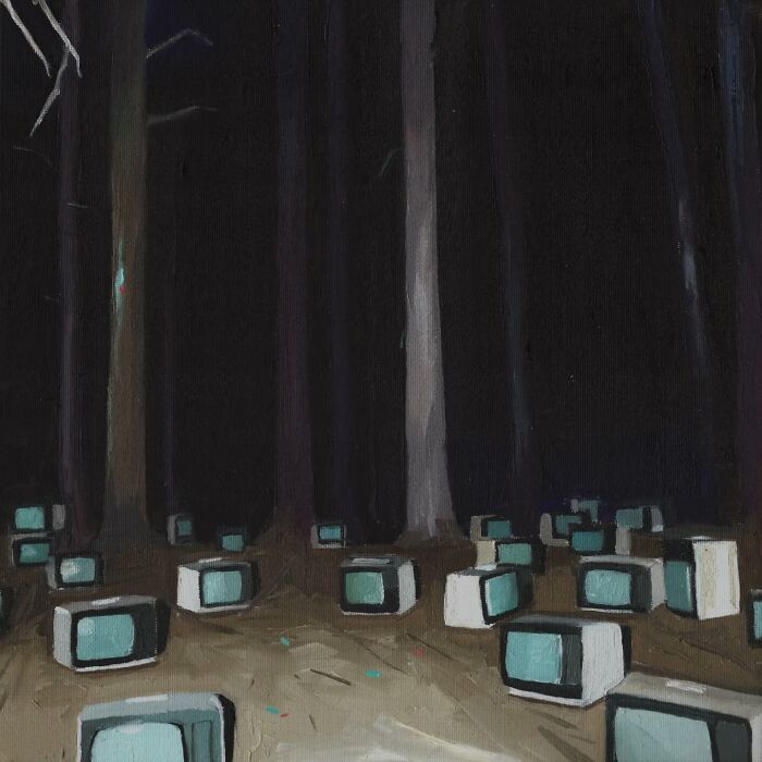 Forest scene with old televisions scattered on the ground, inspired by popular culture themes.