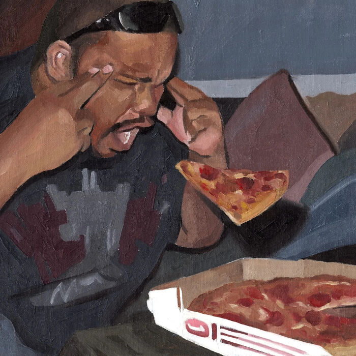 Painting by Daniel Arthur featuring a person dramatically reacting to a floating pizza slice, inspired by popular memes.