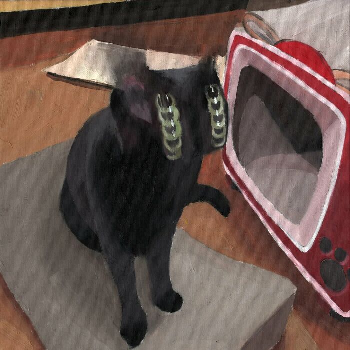 Black cat with large eyes sits near a red retro TV. A painting inspired by memes and popular culture.