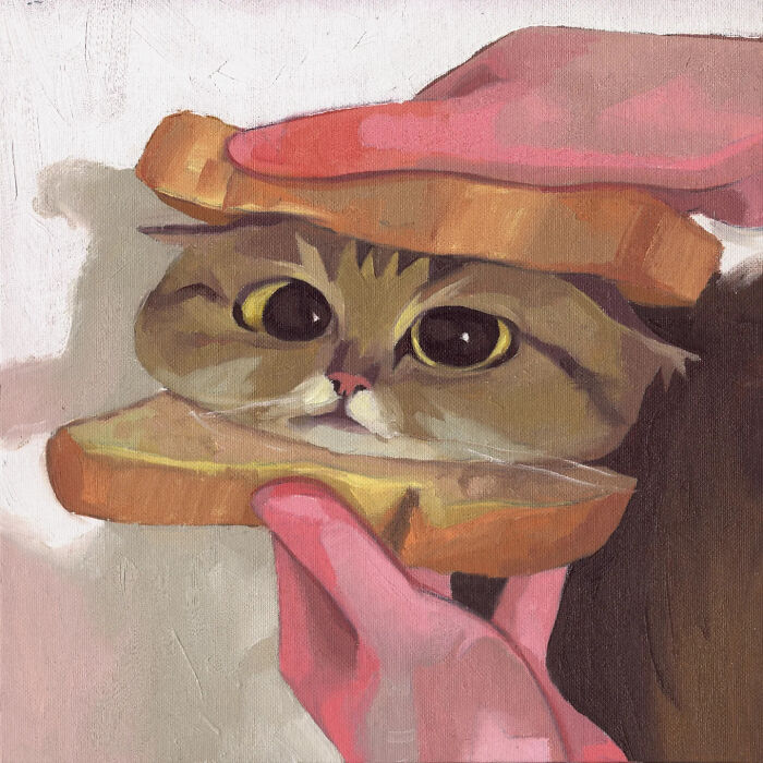 Cat face between bread slices painting, inspired by memes and popular culture.