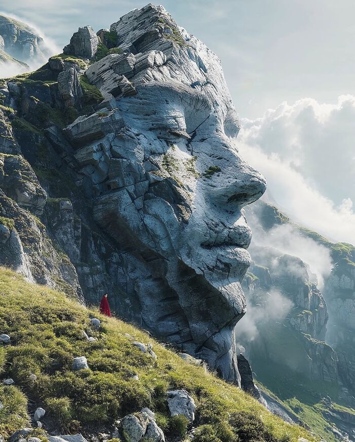Surreal digital artwork by Ted Chin depicting a mountain sculpted as a giant face, blending fantasy with reality.