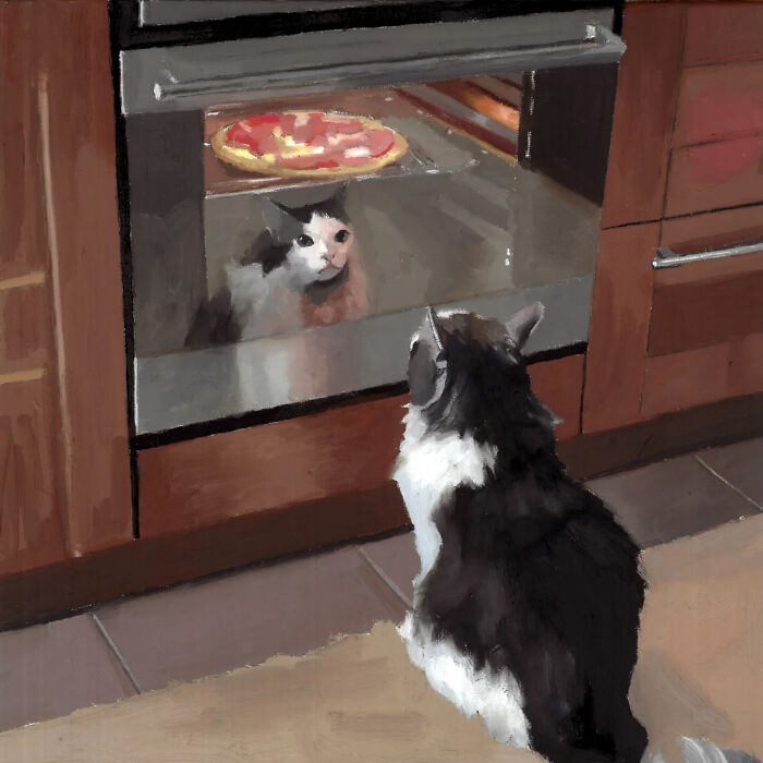 A painting of a cat staring at a pizza in an oven, inspired by digital memes and popular culture.