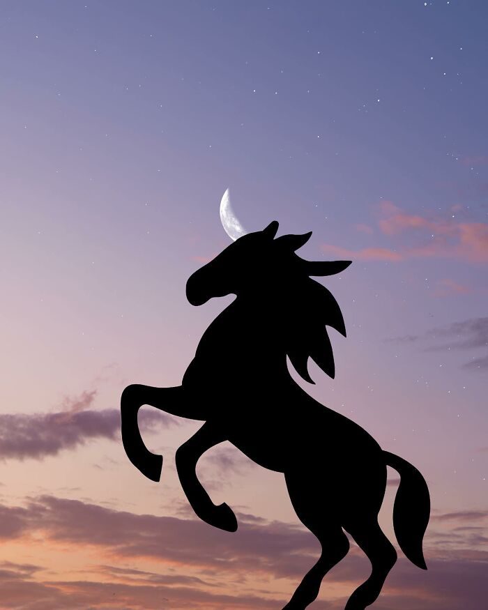 Silhouette of a horse rearing against a twilight sky with a crescent moon.