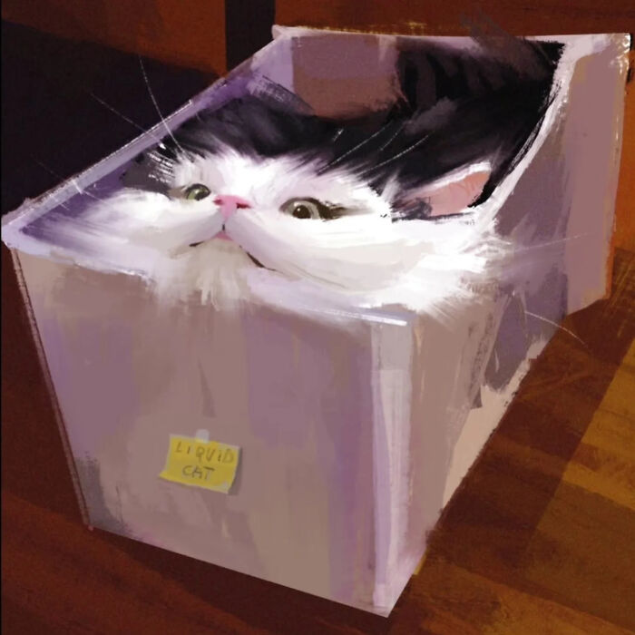 Cat painting by Daniel Arthur, inspired by meme culture, showing a fluffy black and white cat in a box labeled "Liquid Cat".