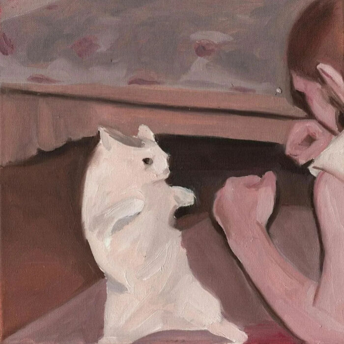 Painting of a white cat and human inspired by memes, capturing a humorous interaction in a digital art style.