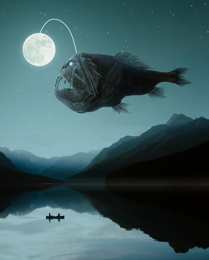Surreal digital artwork of a giant anglerfish illuminating a moonlit lake, blending fantasy and reality.