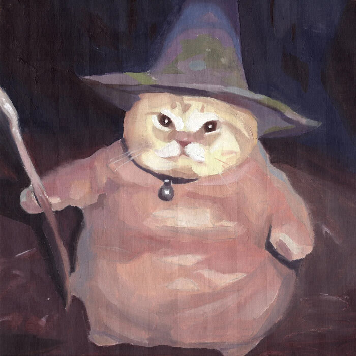 Painting of a cat in a wizard hat and robe, inspired by popular culture memes.