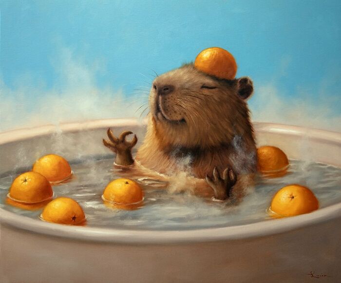 Funny animal painting by Lucia Heffernan of a relaxed beaver in a hot tub with oranges on its body.