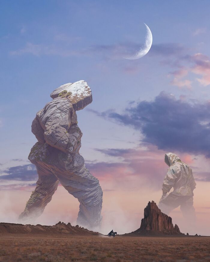 Surreal digital artwork by Ted Chin featuring giant rock figures walking in a fantasy desert landscape under a crescent moon.