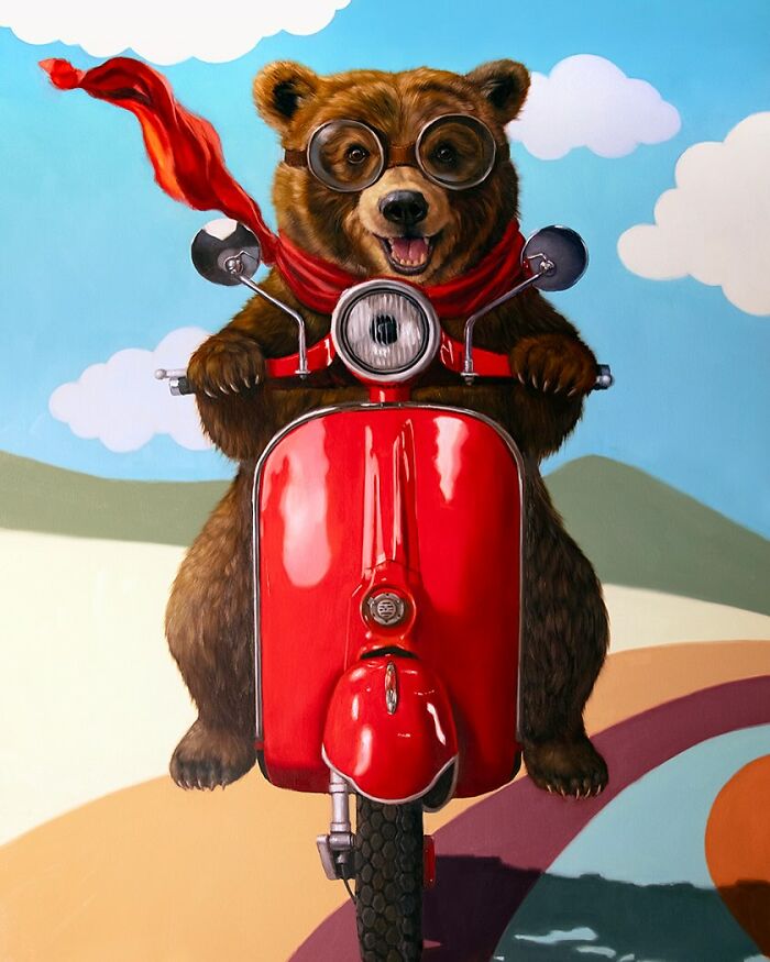A charming animal painting by Lucia Heffernan shows a bear wearing goggles and a red scarf on a red scooter.